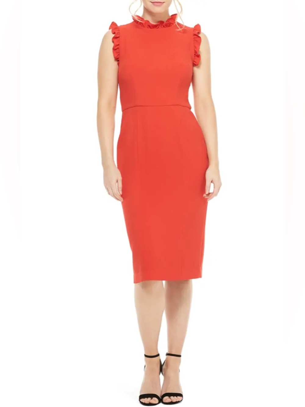 Maggy London Ruffle Neck Sheath Dress in Tomato Red